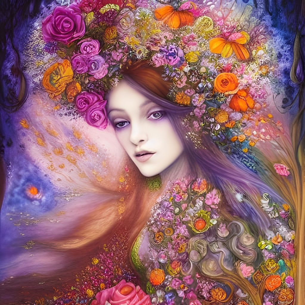 Enchanting Girl Surrounded by Floral Watercolors