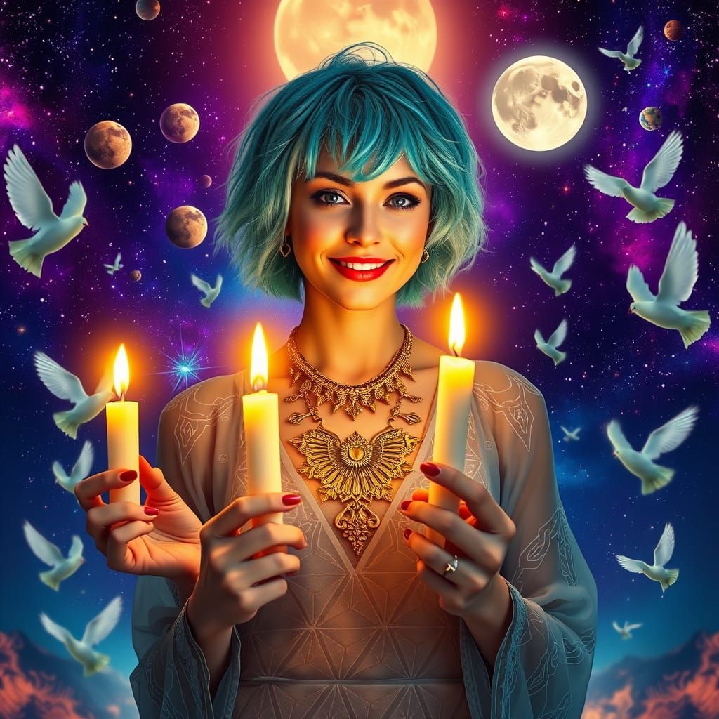 Cosmic Goddess in Seafoam Green Hair and Celestial Attire