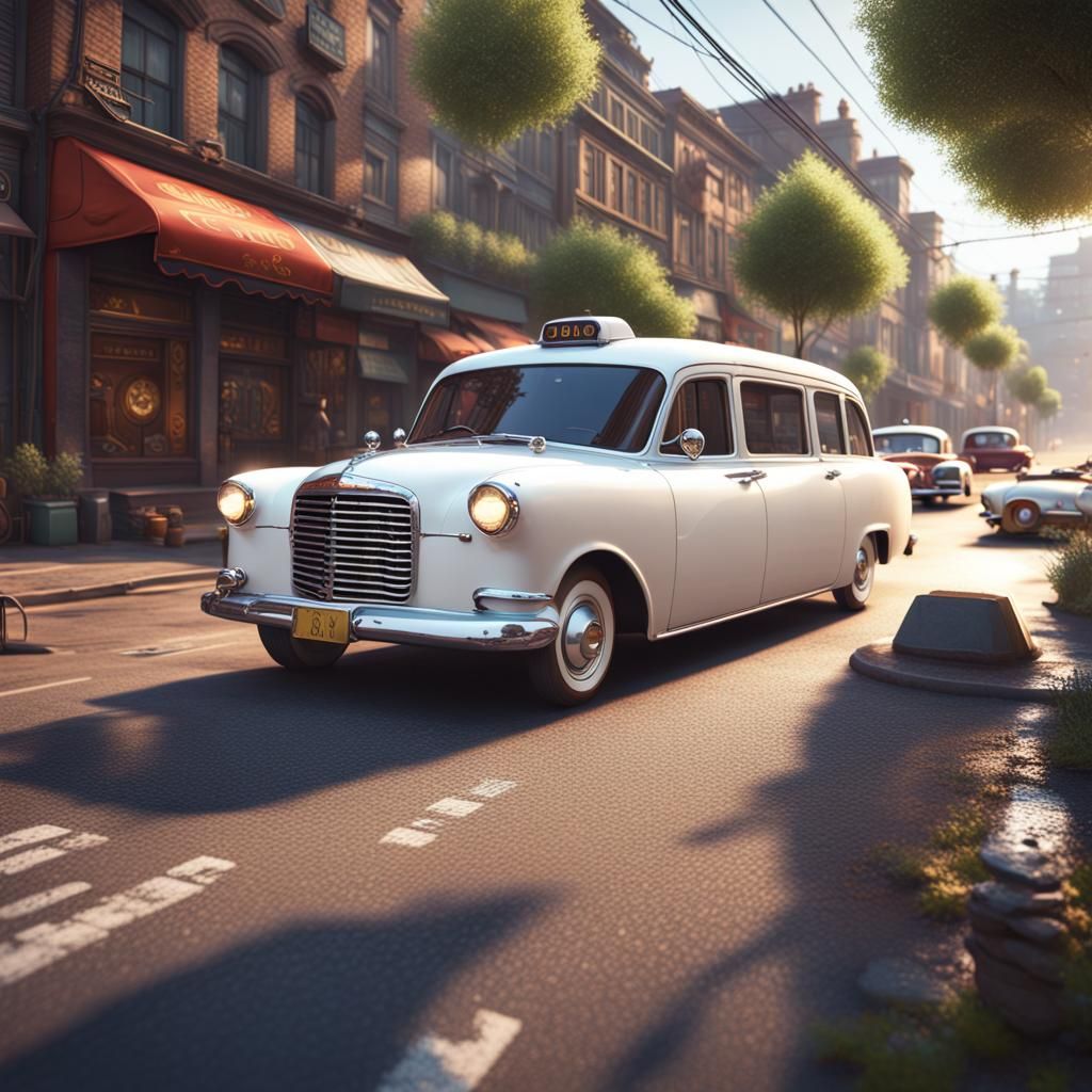 Relaxing Sunday Drive in White Taxi: Detailed Matte Painting