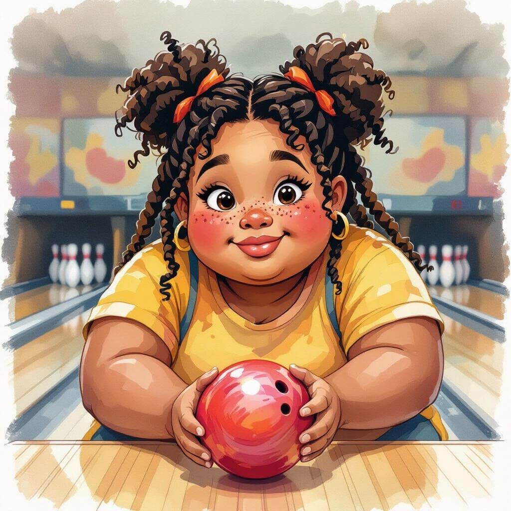 Girl Bowling with Friends in Watercolor Style