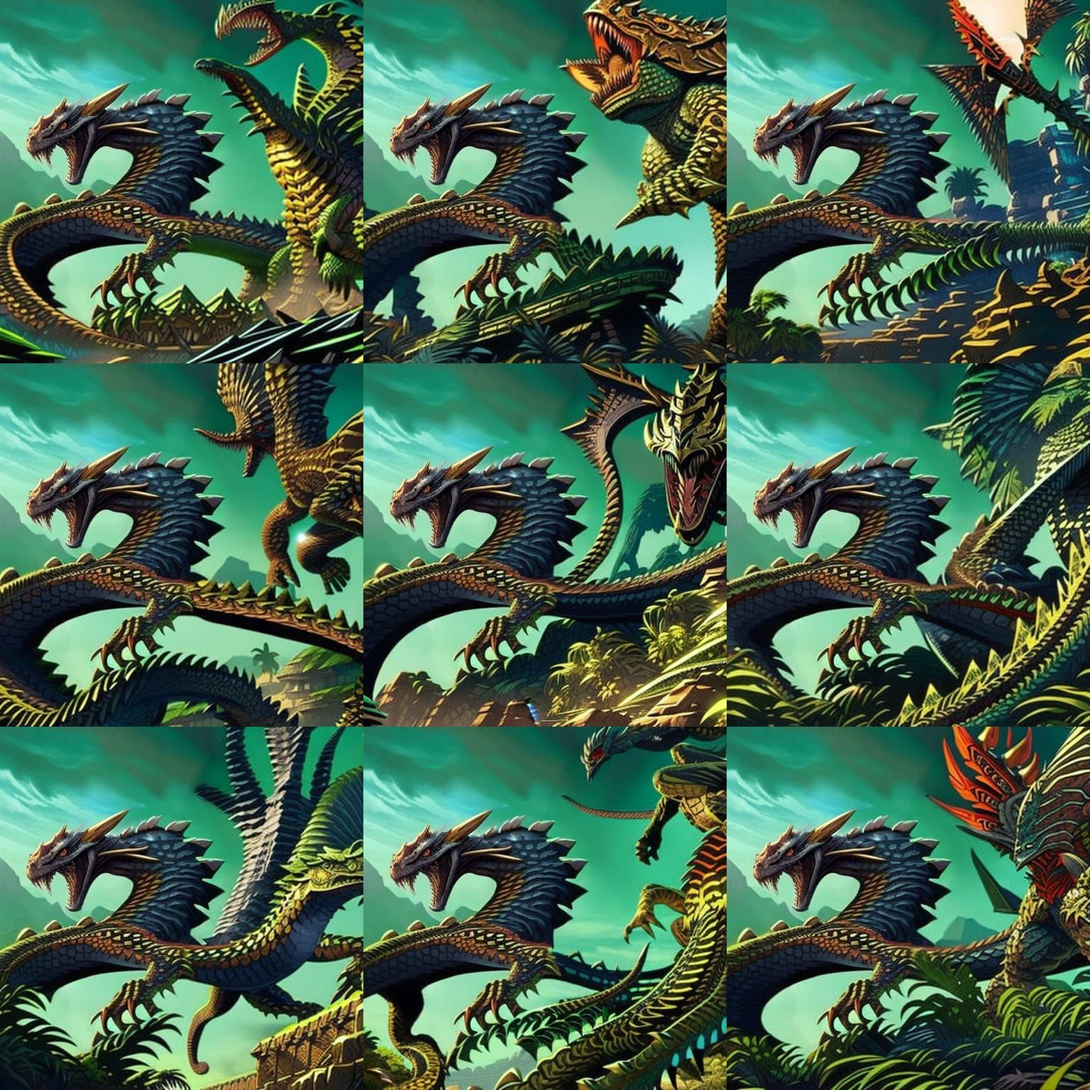 Rattlesnake Kaiju Attacks Jungle City in Dark Fantasy Art