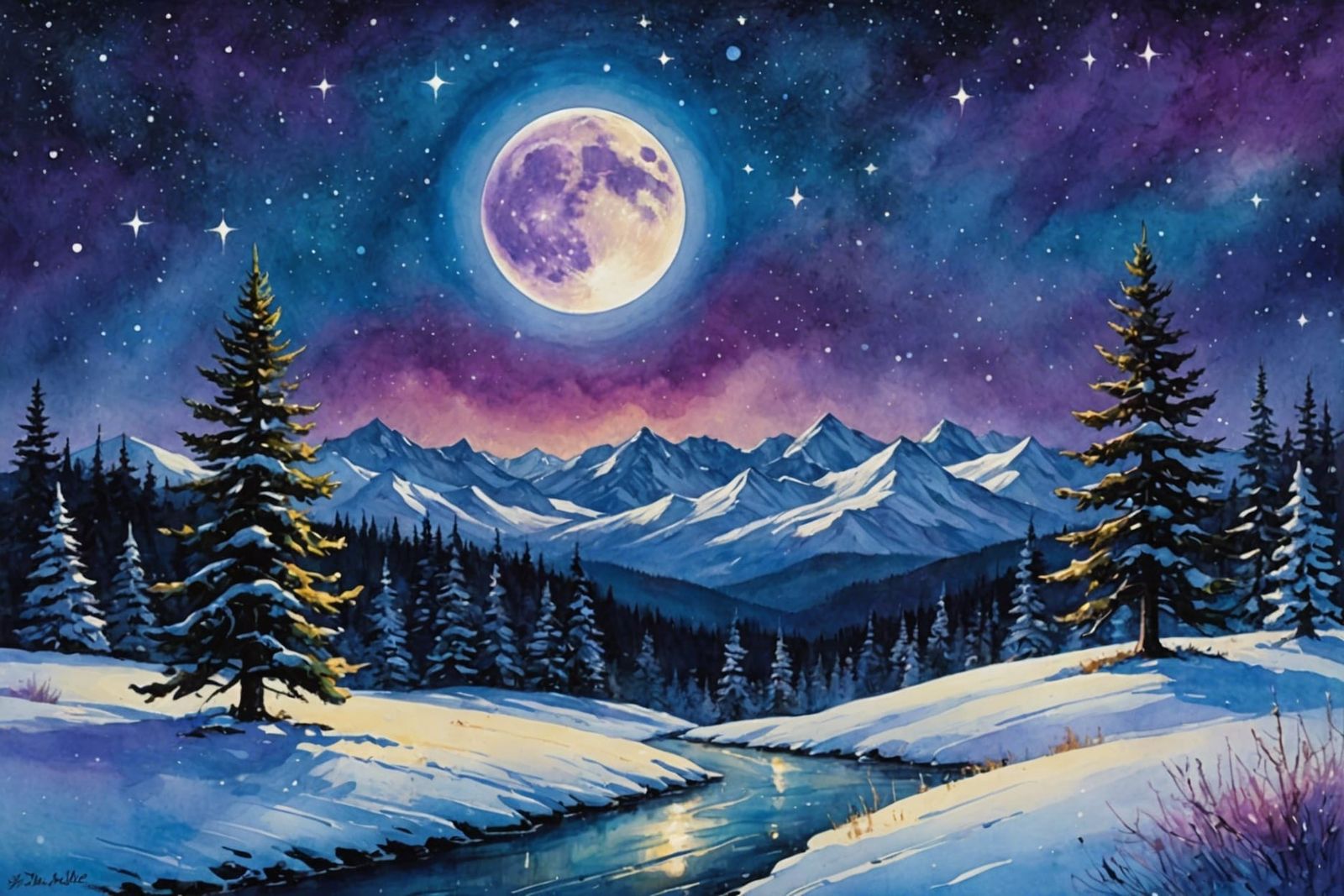 Blue Glass Moon Over Snowy Mountains, Digital Art
