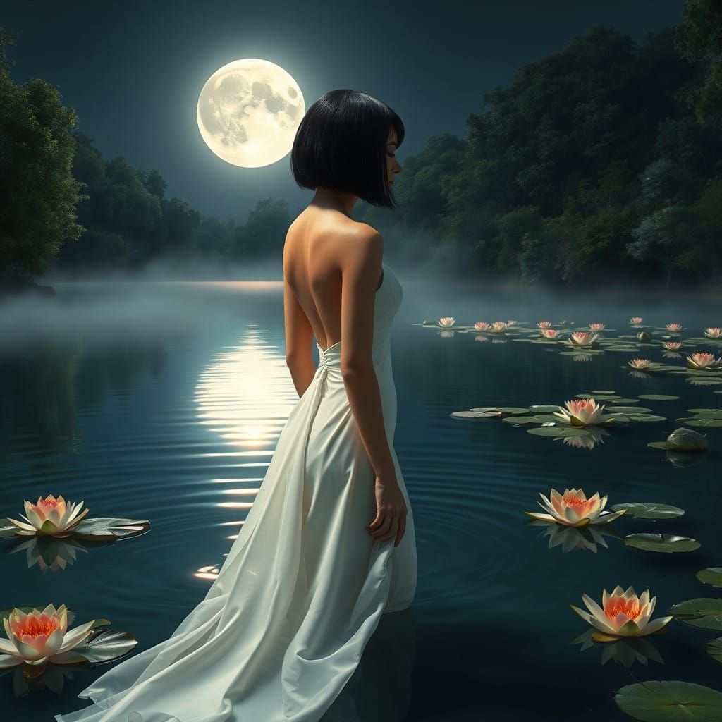 Ethereal Nighttime Scene with Serene Woman and Full Moon