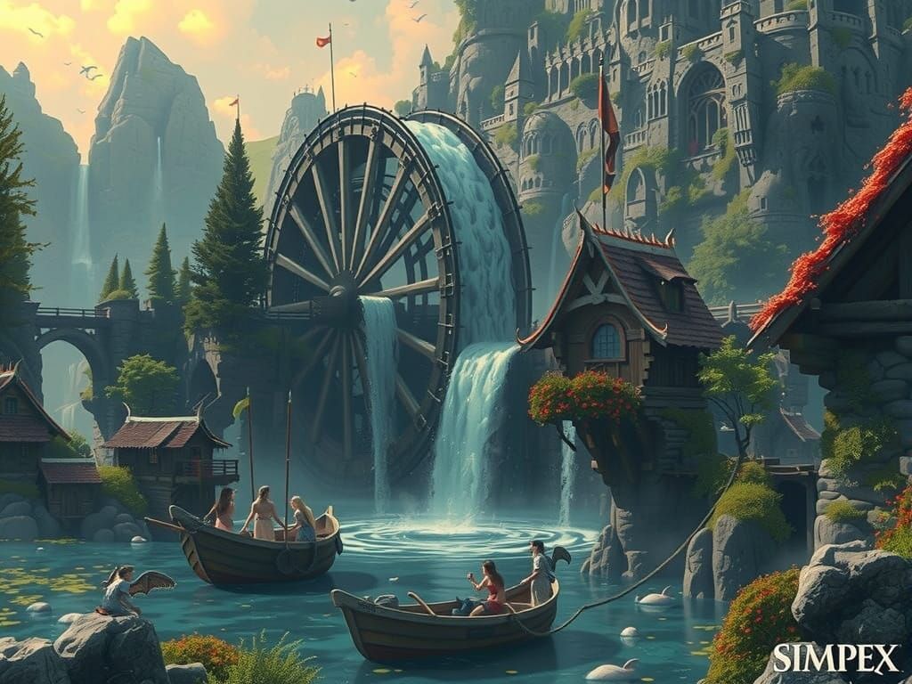 Epic Fantasy Waterwheel in Digital Matte Painting Style