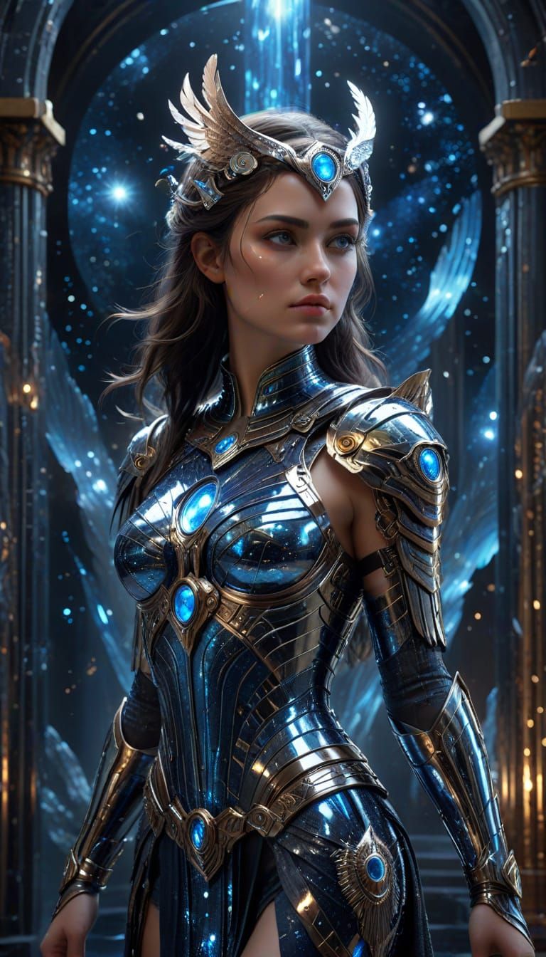 Futuristic Athena in Chrome Celestial Temple