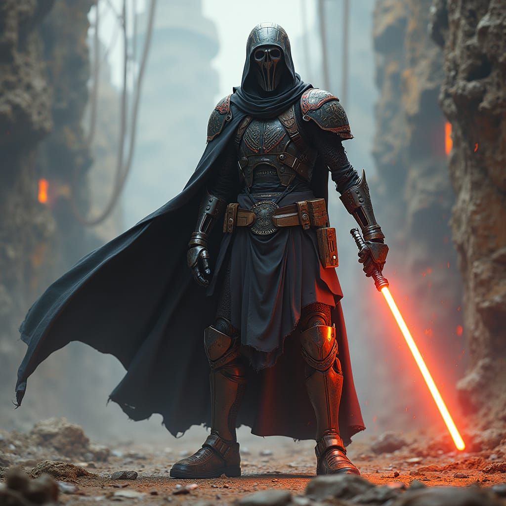 Cybernetic Star Wars Mercenary Wields Orange Saber in Fantas...