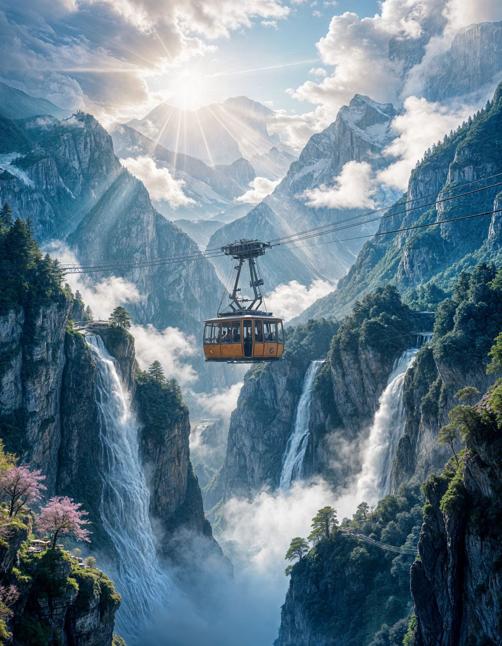 Dreamy Cable Car Above Alpine Waterfalls in Hyper-Realistic ...