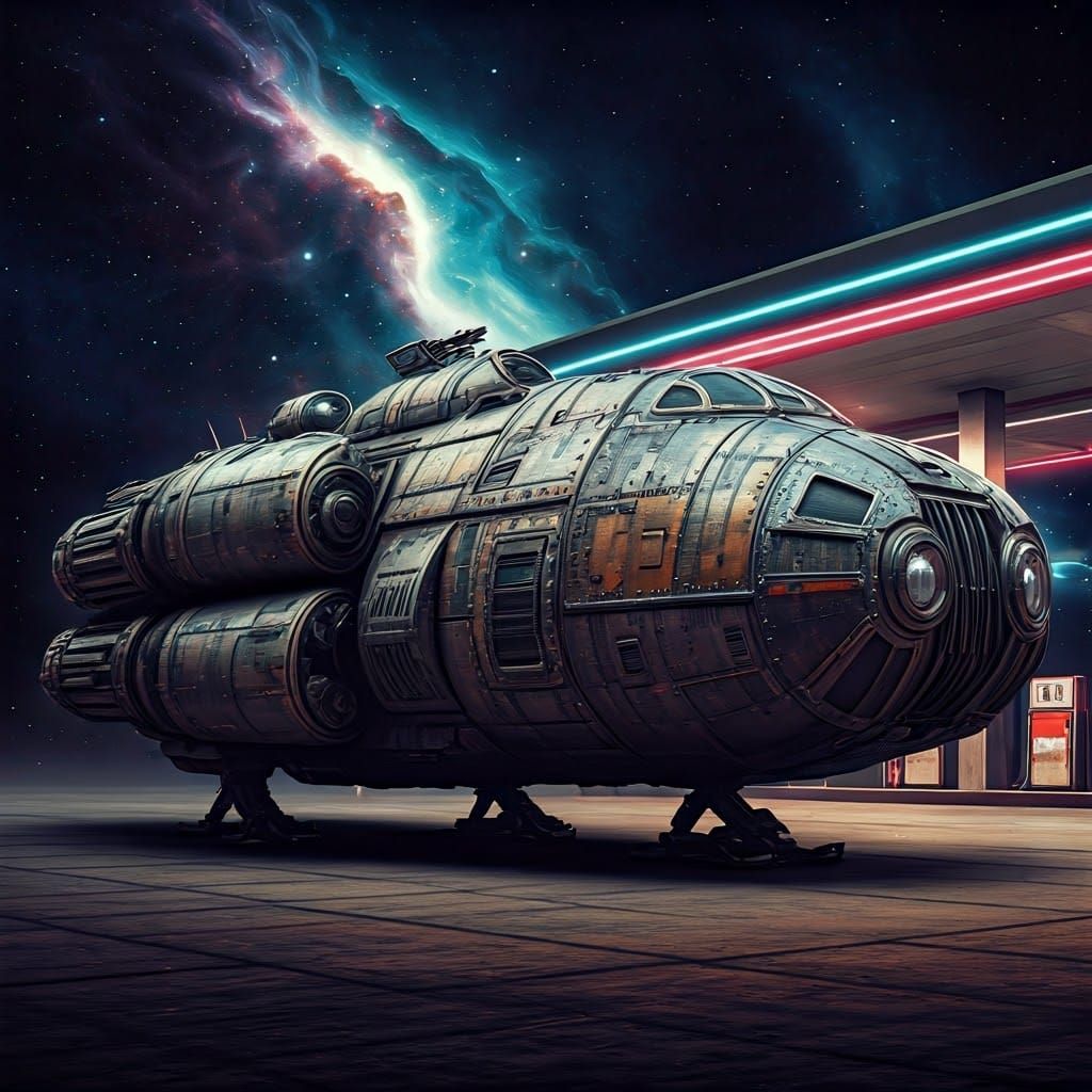 Retro-Futuristic Spaceship at Interstellar Gas Station