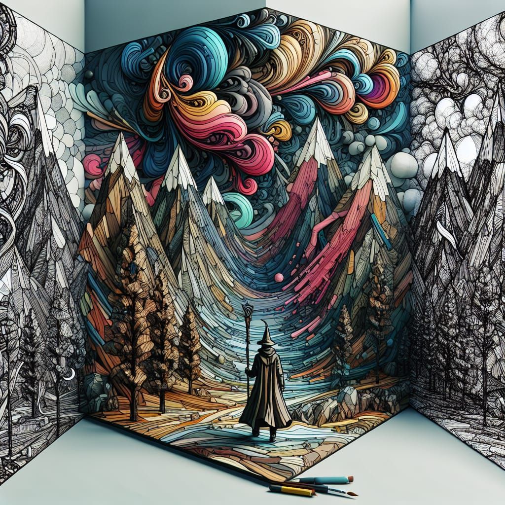 Doodle Fantasy Landscape with Wizard in Zentangle Art