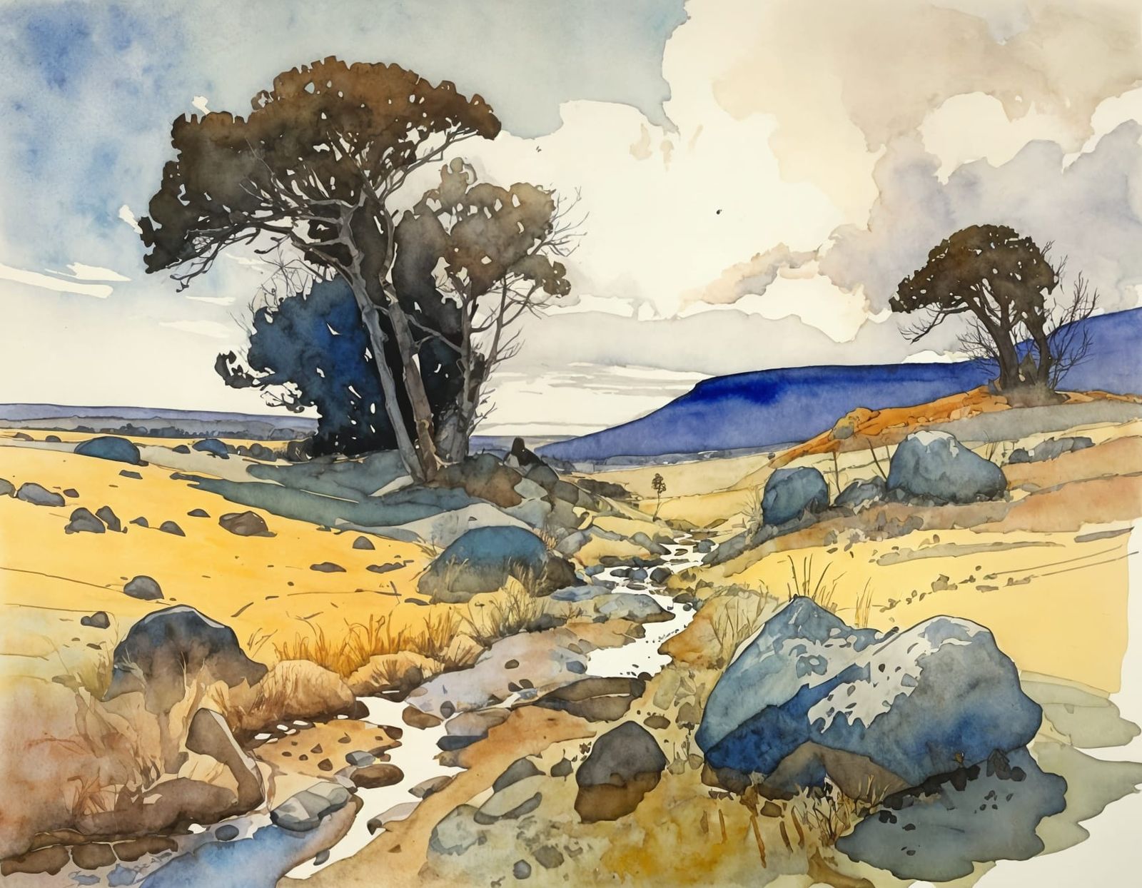 Watercolor Landscape in Moebius Wyeth Style