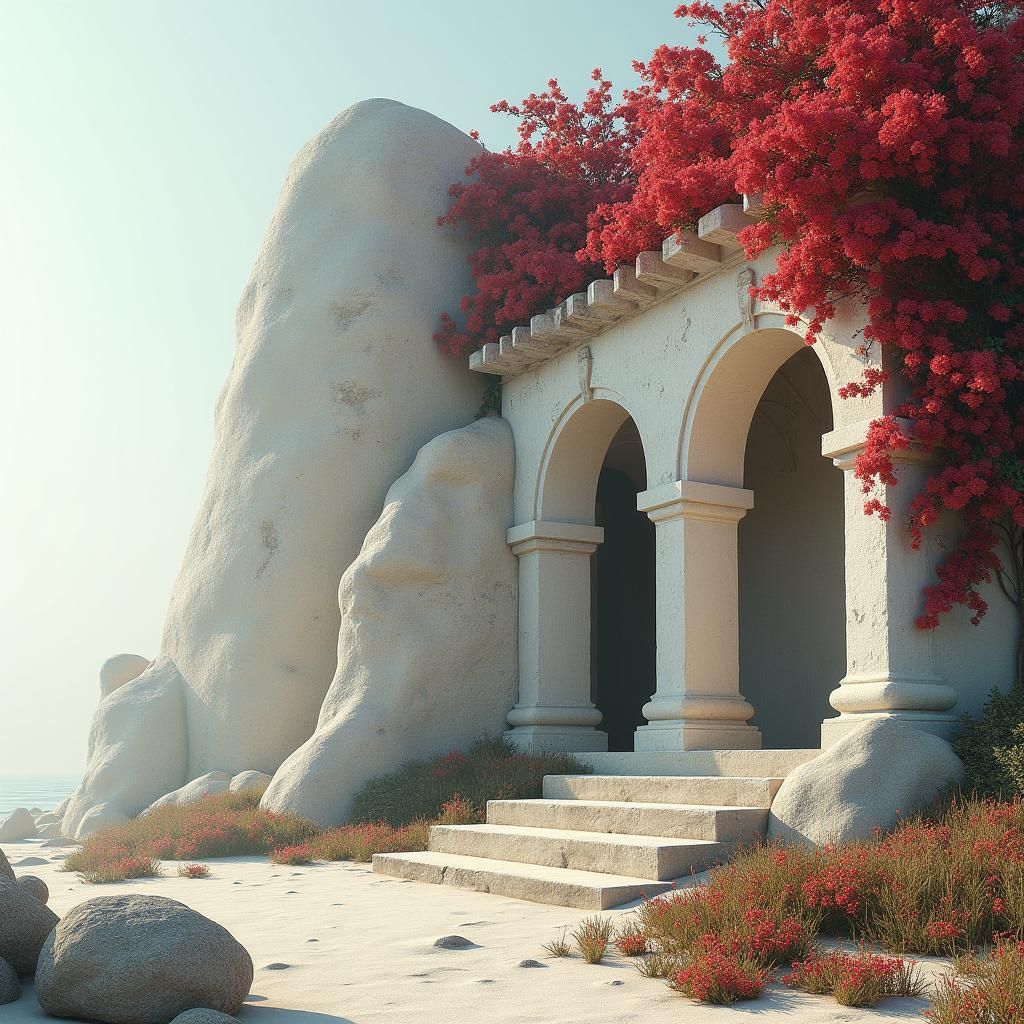 Crimson Roses Adorn White Stone Facade