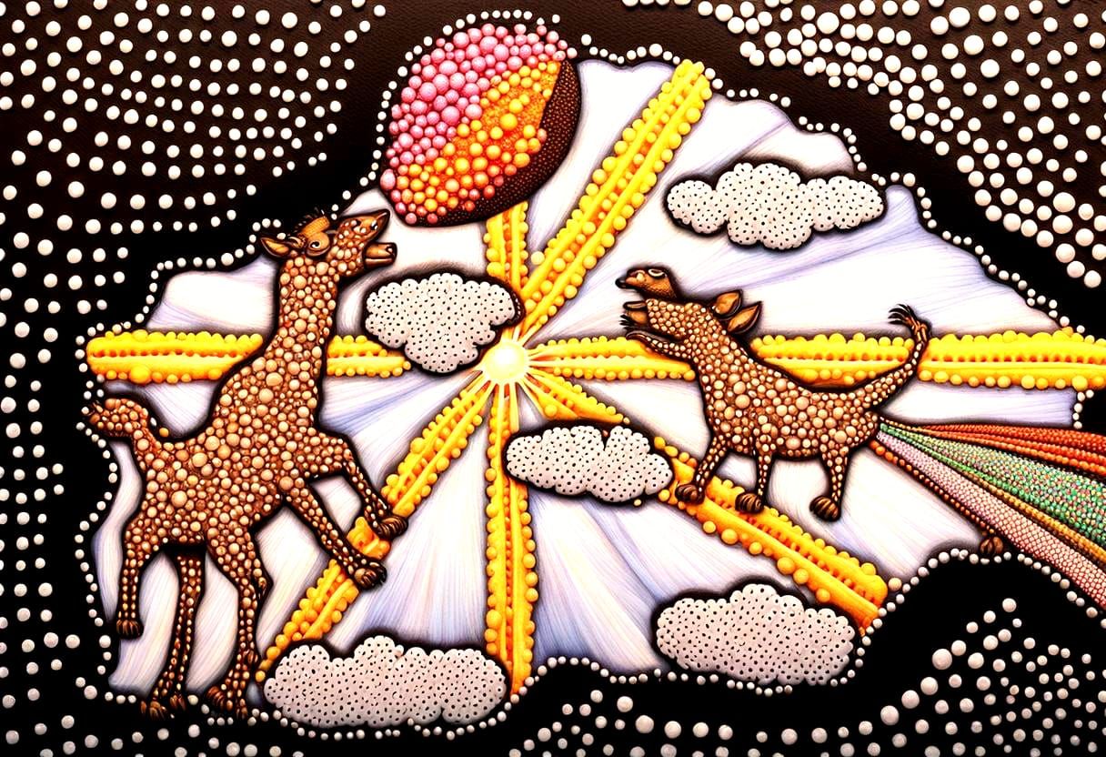 Heavenly Pointillism: Flying Camel and Dog