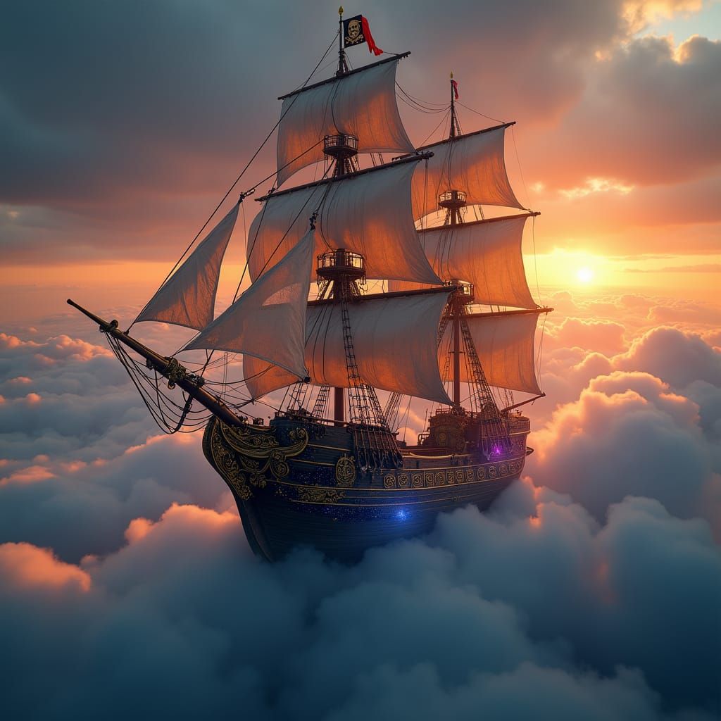 Golden Pirate Ship Soaring Above Clouds at Sunset