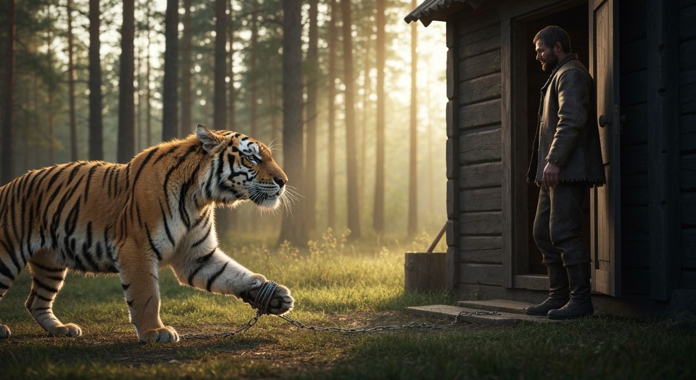 Wounded Tiger Seeks Help from Hunter in Taiga Dawn