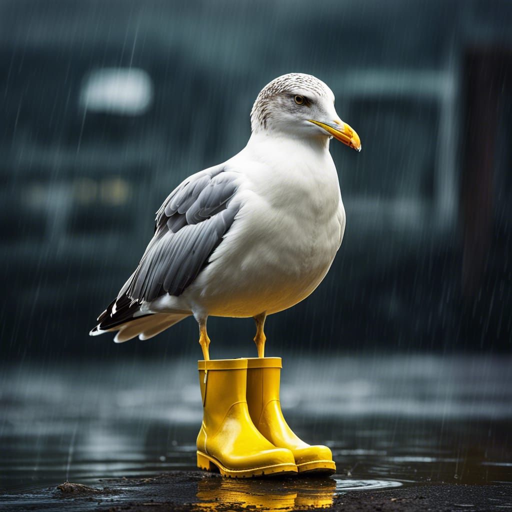 Seagull in Yellow Boots: Hyperrealistic Bird Portrait