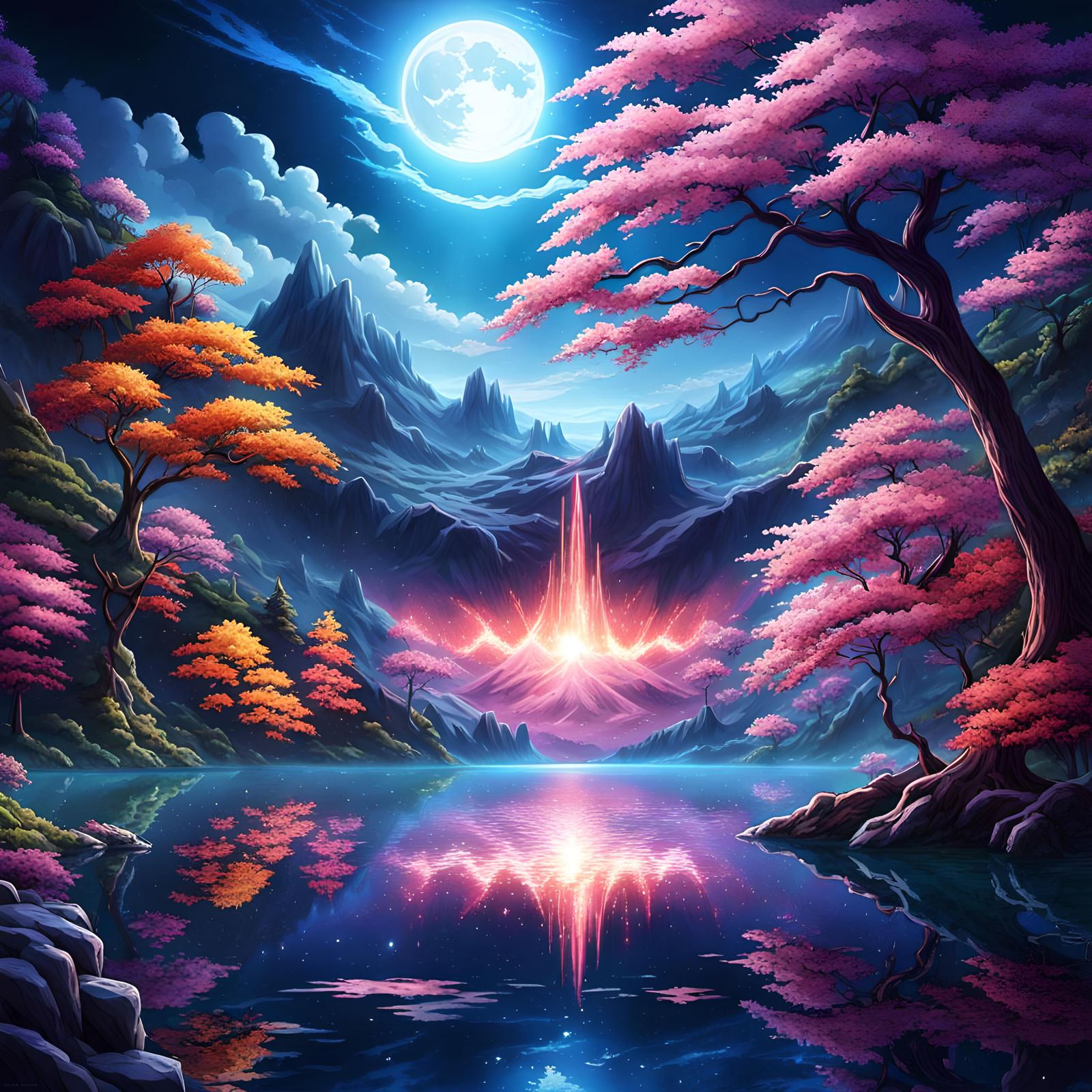 Magical Cosmic Moonlit Lake in Anime Style