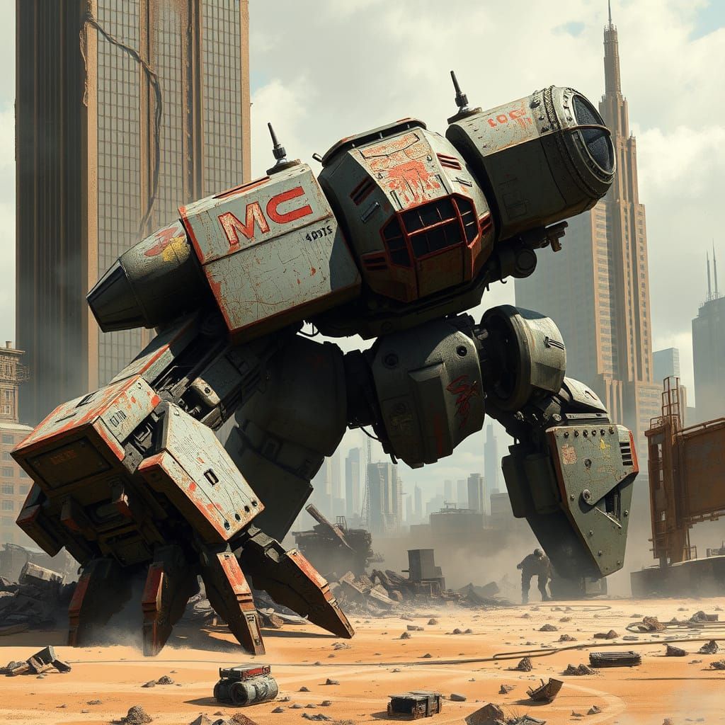Apocalyptic Battle Mech in Dystopian Landscape