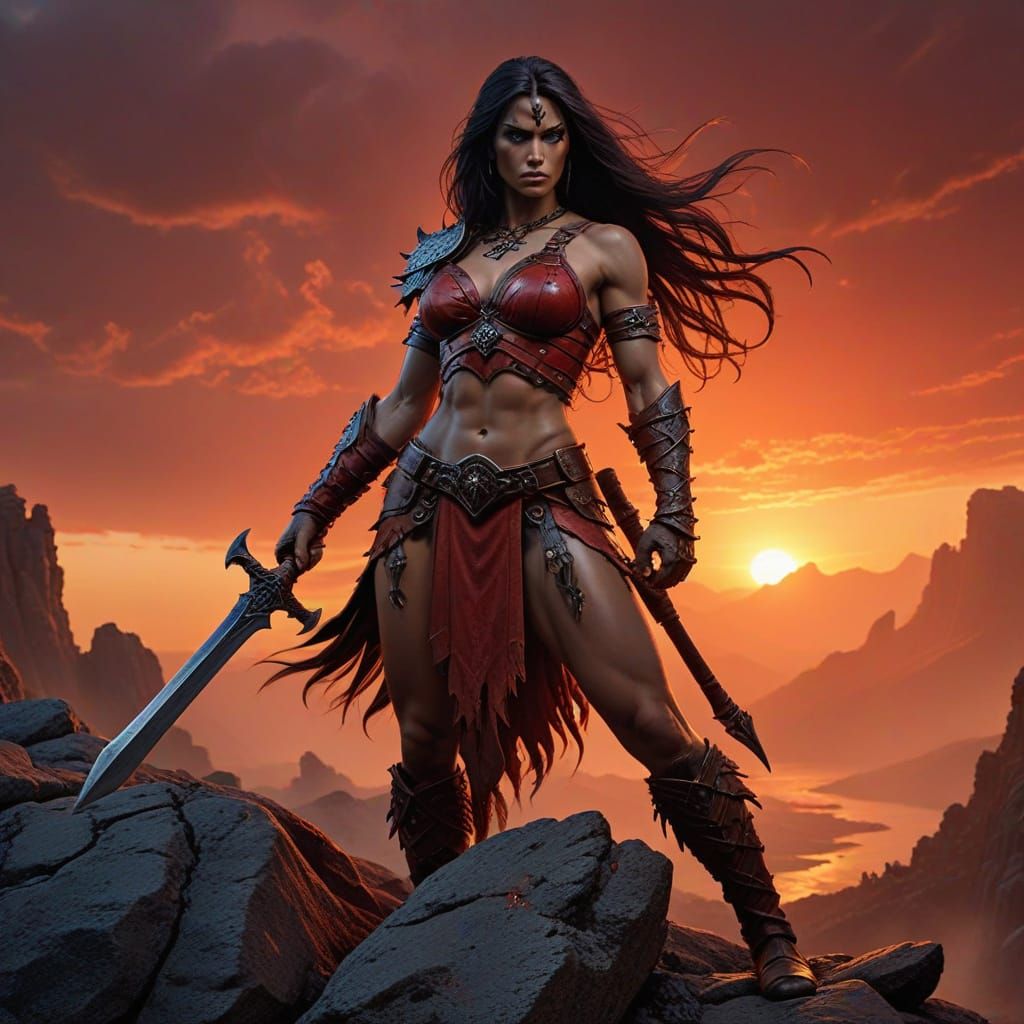 Barbarian Warrior Woman Silhouetted Against Red Sunset