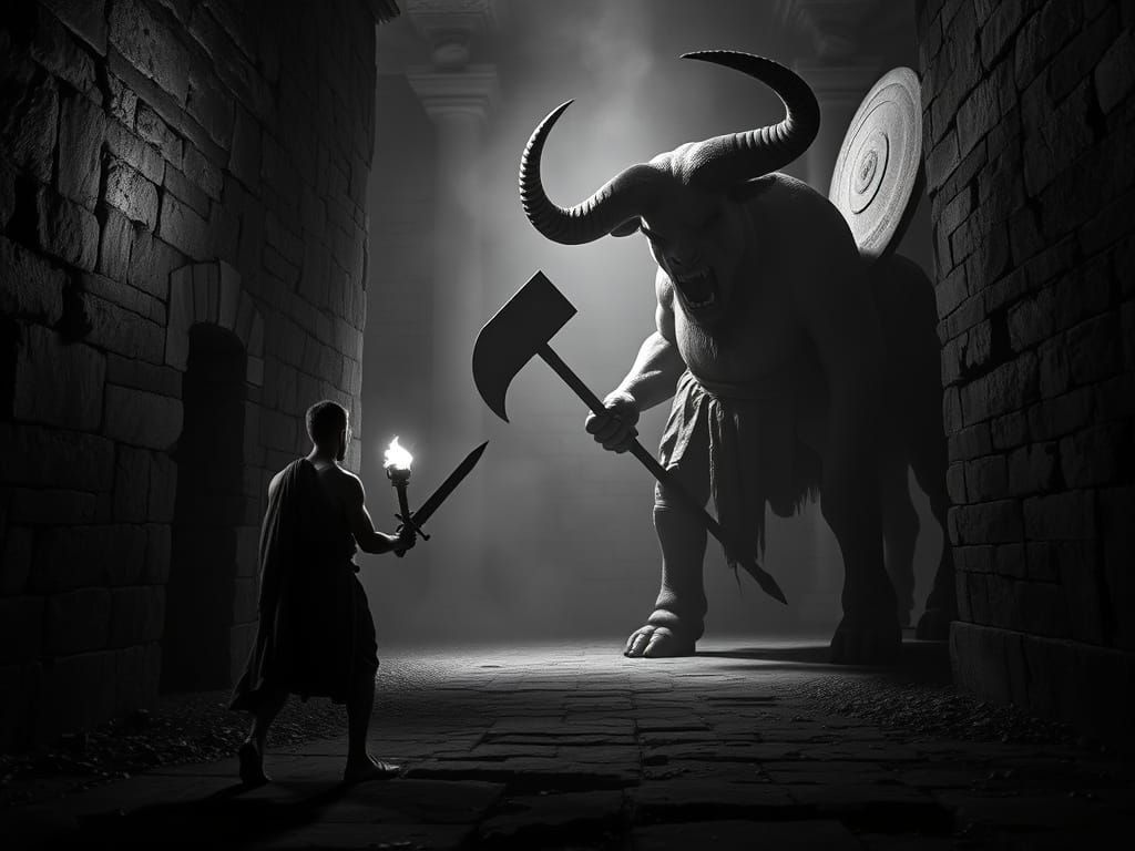 Greek Hero Confronts Minotaur in Labyrinth