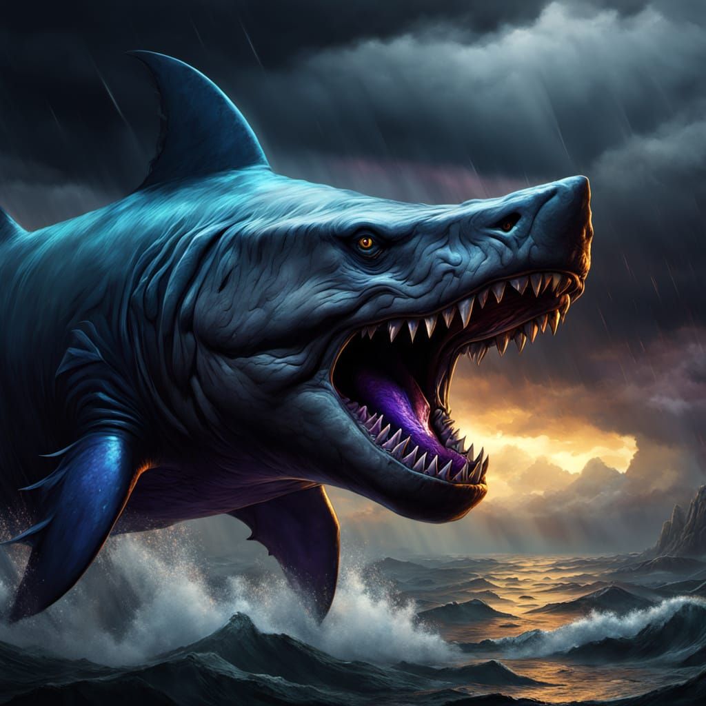 Cyberpunk-Inspired Sky Warden Meets Megalodon in Dark Fantas...