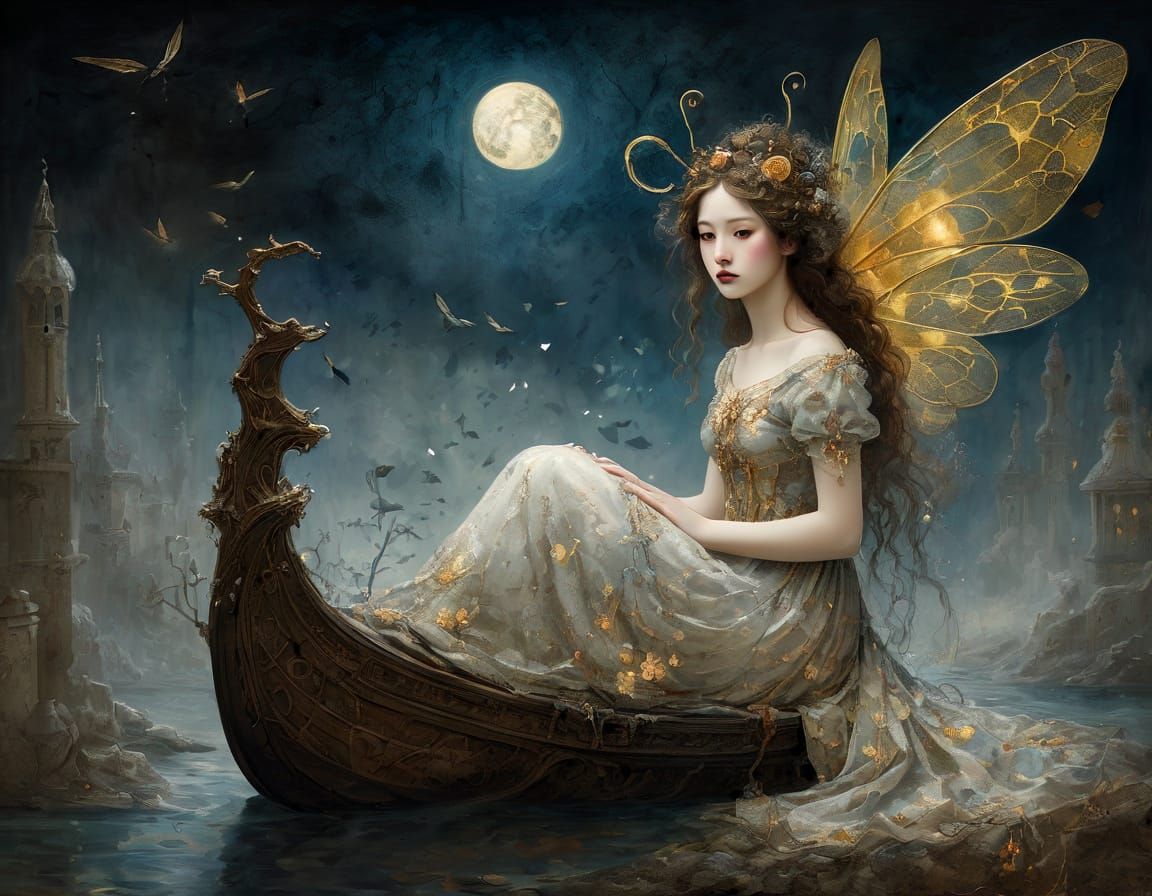 Fantasy Faerie Holds Glowing Dice in Moonlight, Ink Drip Sty...