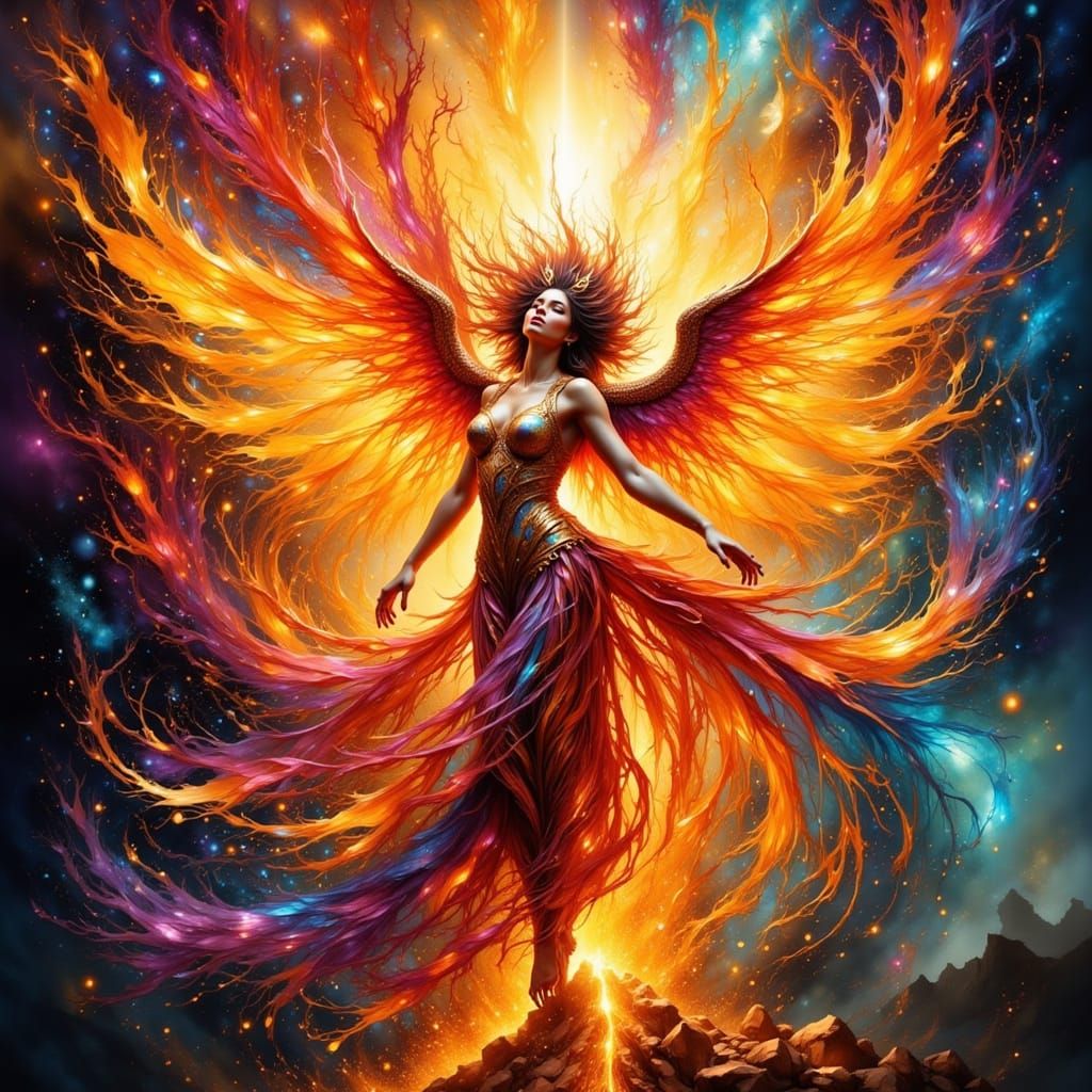 Phoenix Ascendant: Mythical Woman in Fiery Rebirth