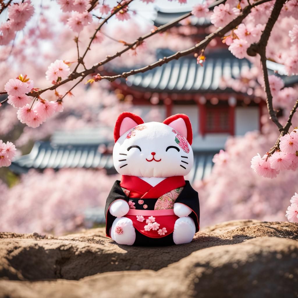 Geisha Lucky Cat Plush Doll in Cherry Blossoms