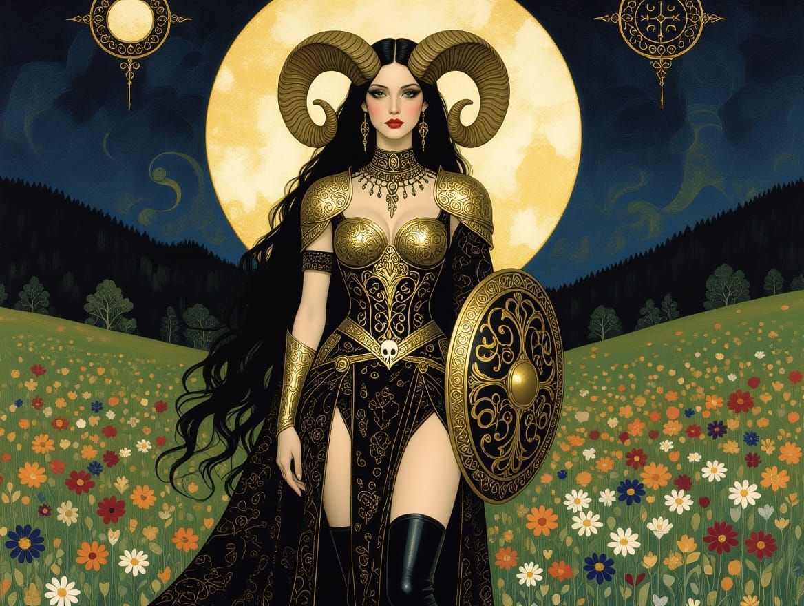 Gothic Dark Fantasy Goddess in Moonlit Alpine Meadow