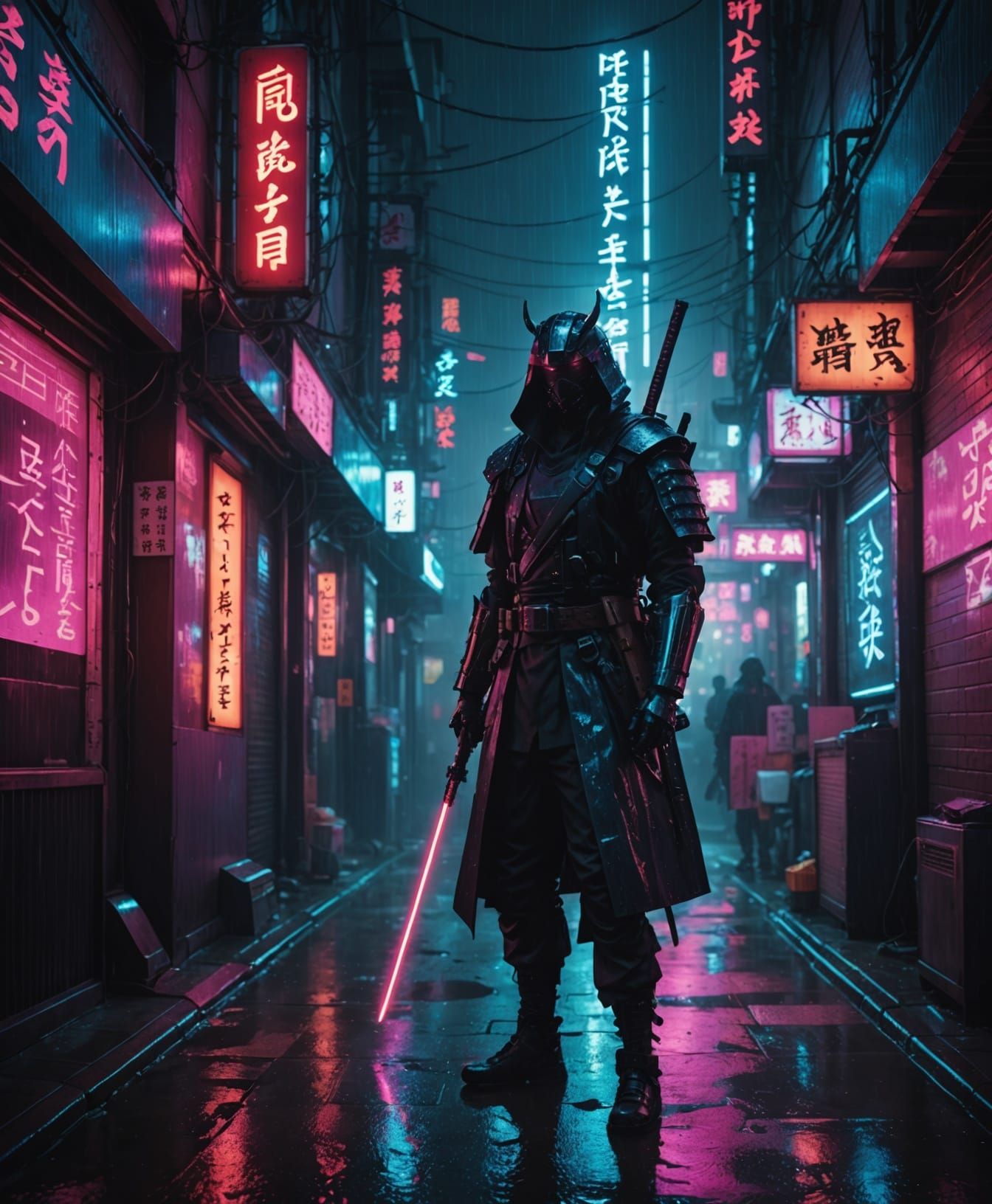 A lone cyber-samurai standing in an alley under heavy rain, ...