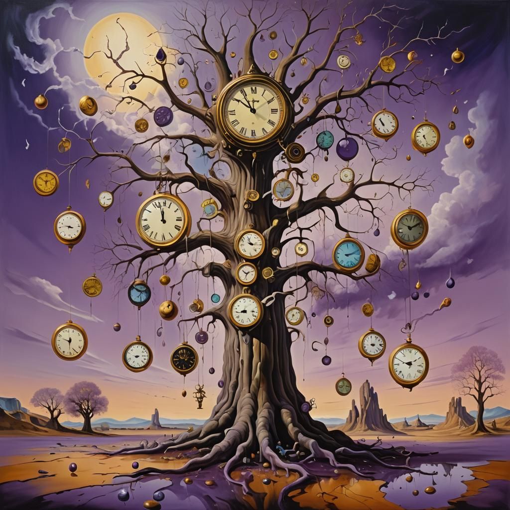 Surreal Tree with Clock Faces in Dreamlike Landscape