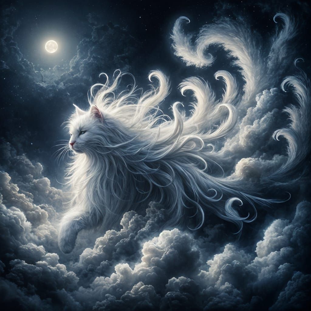 Ethereal White Cat in Moonlit Romanticism Style