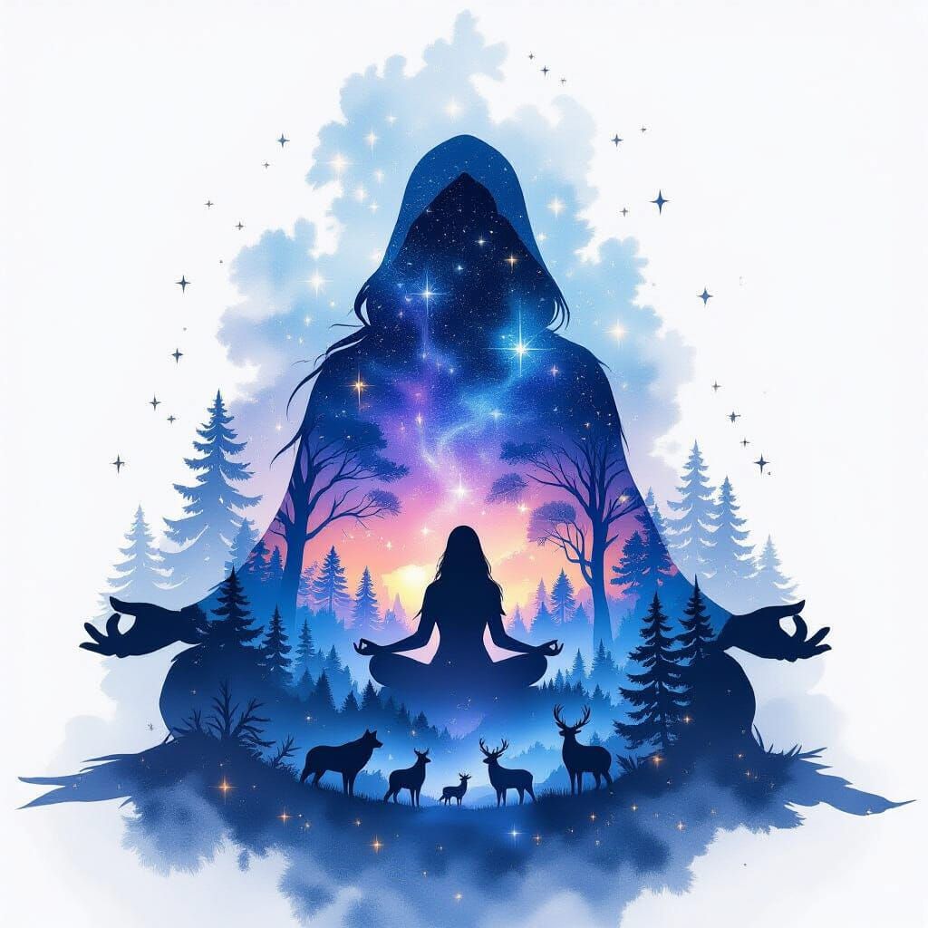 Celestial Storyteller Meditation in Starlit Forest