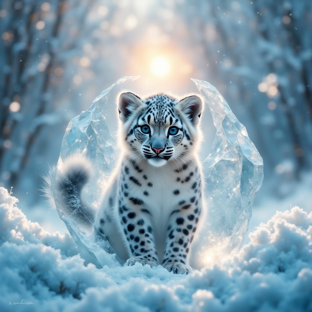 Snow Leopard Cub Behind Glowing Ice Crystal