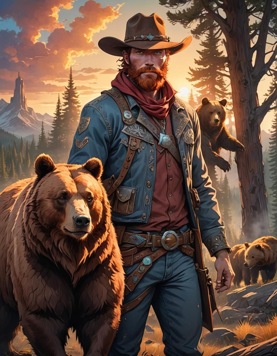 Anime Cowboy with Bear in Sunset Light