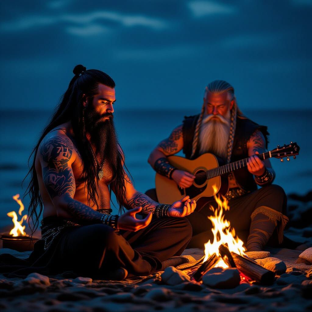 Dark Wizard Meditates By Firelight On Coast