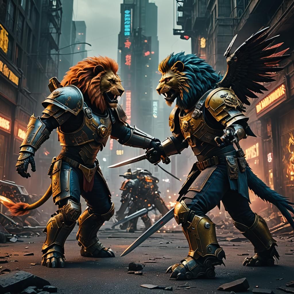 Lion and Gryphon Battle in Warhammer 40K Neon City