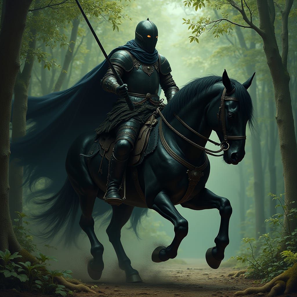 Skull-Faced Knight with Fiery Axe in Dark Forest