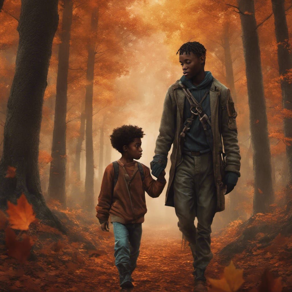 Autumnal Forest: Boy Carries Younger Boy