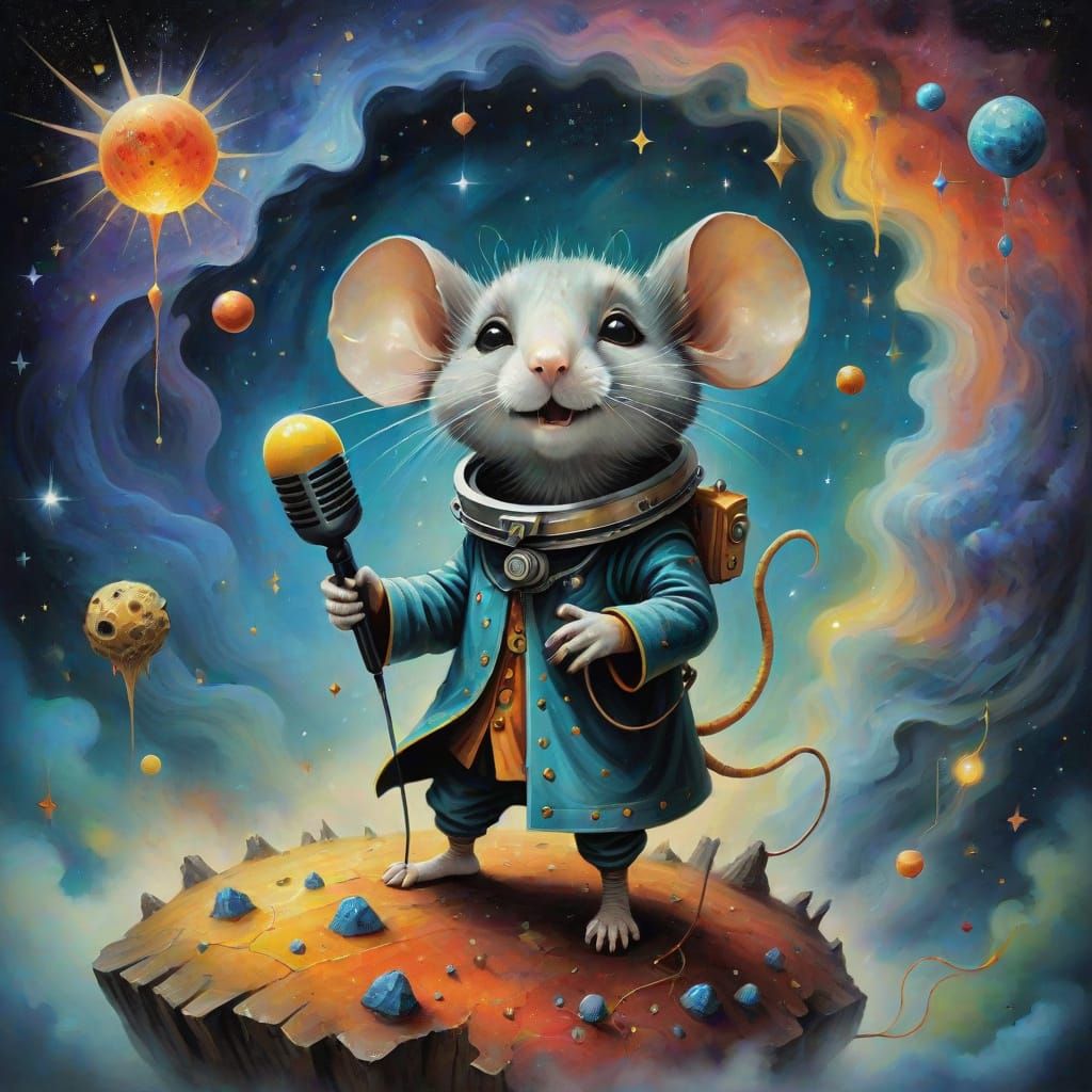 Whimsical Space Mouse Sings in Vibrant Nebula