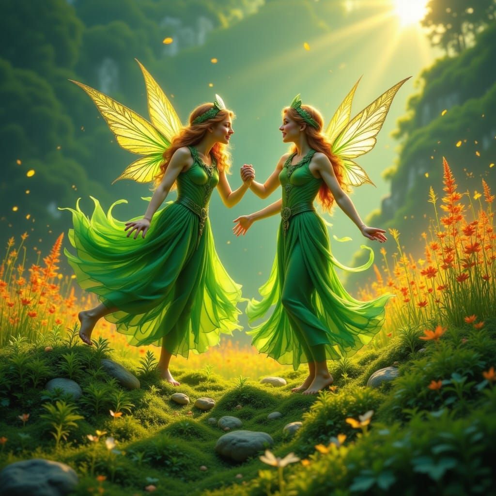 Irish Fairies Dancing in Emerald and Amber Light