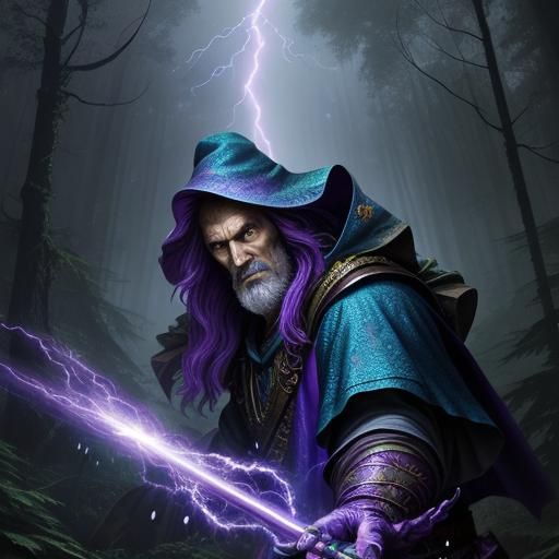 Hyperrealistic Wizard in Forest Lightning Storm
