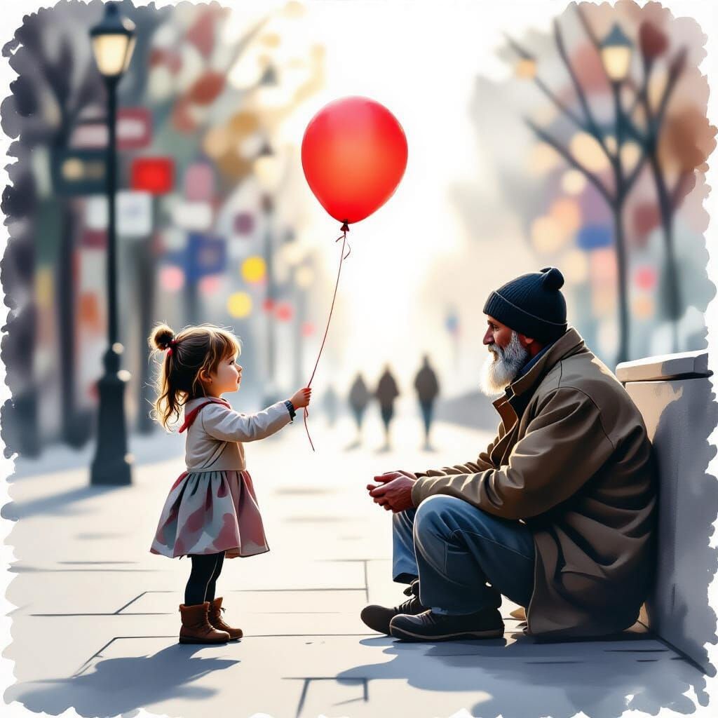 Girl Offers Balloon to Homeless Man: Watercolor Sketch