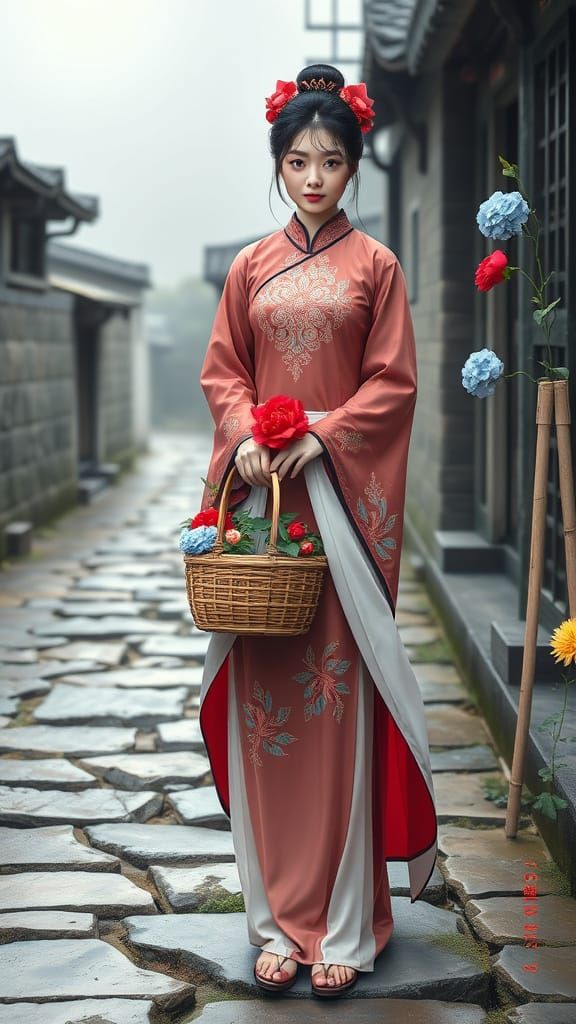 Chinese Woman with Flowers on Mountain Path