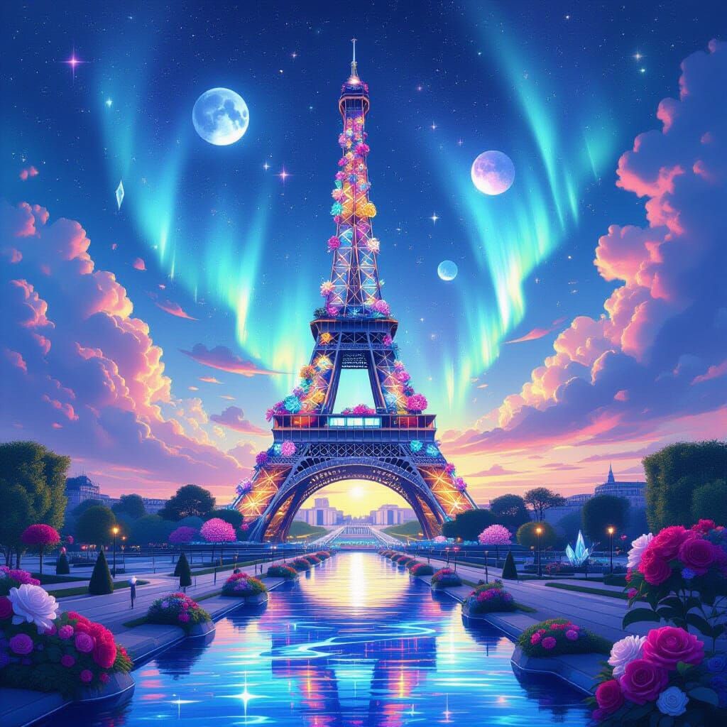 Eiffel Tower Made of Flowers and Crystals in Dreamlike Lands...