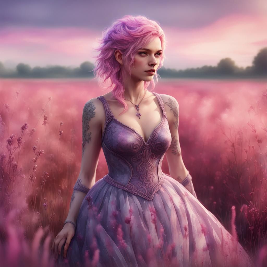 Pink-Haired Woman in Field, Watercolor Style