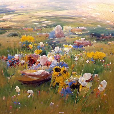 Sunny Flower Meadow in Oil Painting Style
