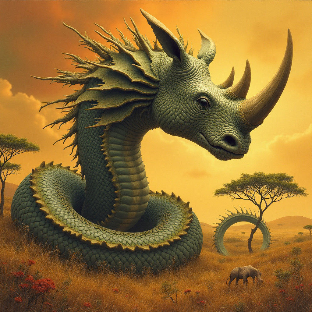 Majestic Rhino-Serpent in Surrealist Savannah Landscape