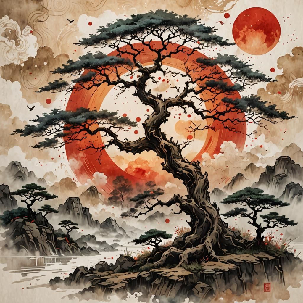 Old Tree: Chinese Ink Painting with Red Sun