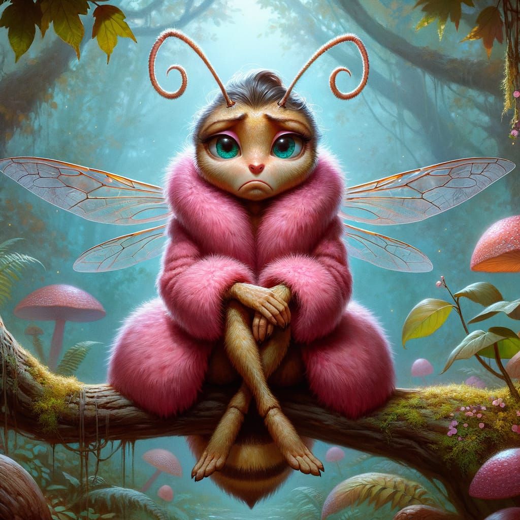 Anthropomorphic Ant in Pink Fur Coat, Digital Oil Painting