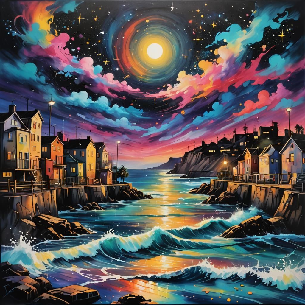 Summer Night Seascape in Graffiti Splash Art Style